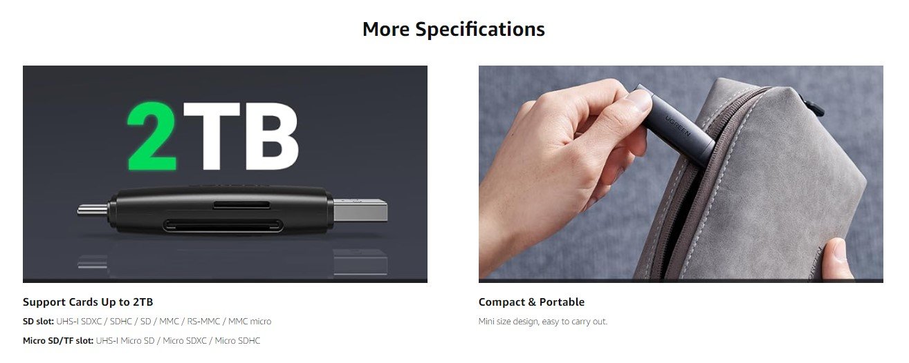 UGREEN 80191 SD Card Reader 2-In-1 USB 3.0 USB C Memory Card Reader OTG Card Adapter