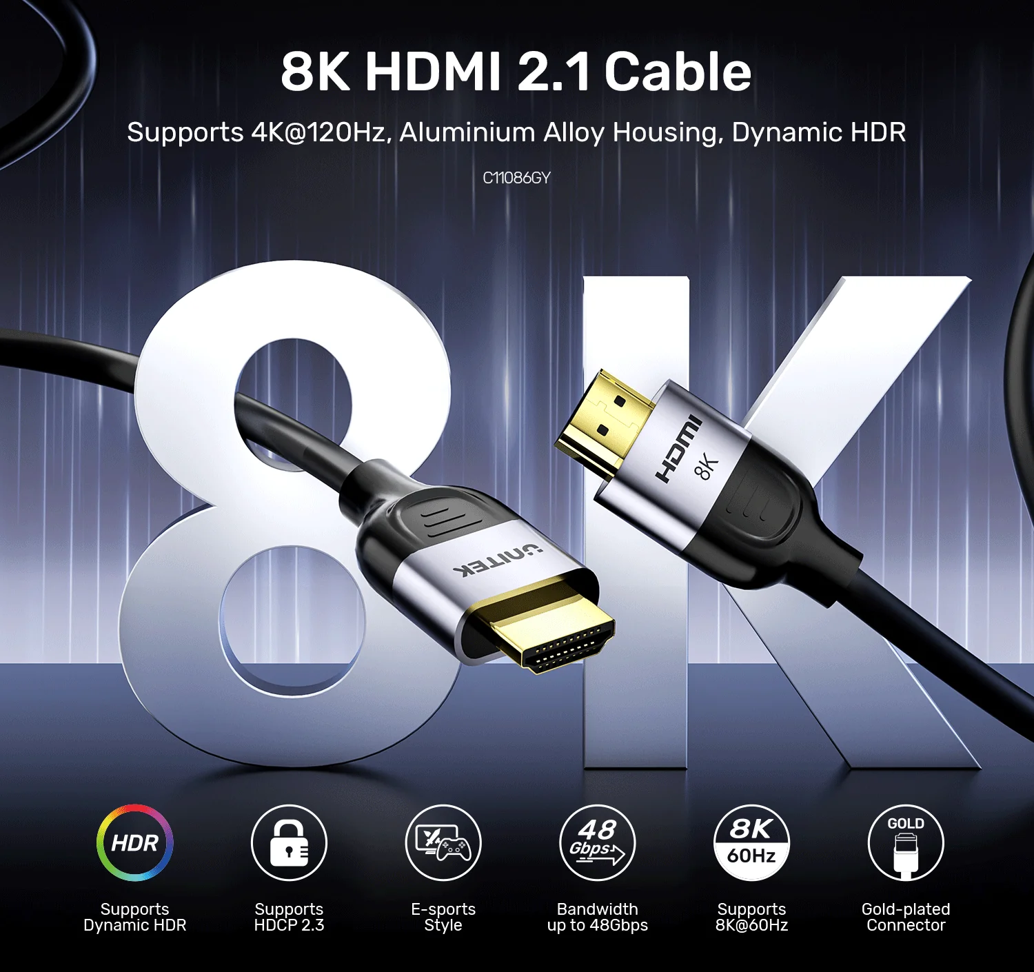 UNITEK C11086GY01 8K HDMI 2.1 Cable 3 Meter 48Gbps - UTECH