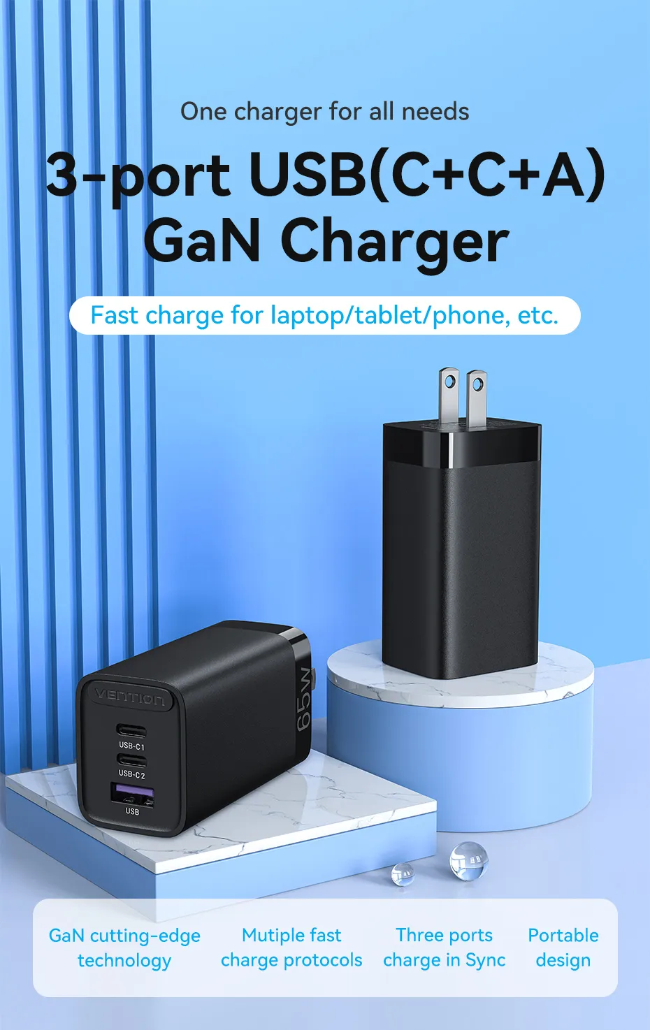 Buy VENTION FERB0-US 65W GaN Charger Foldable 3-Port USB-C & USB-A Fast Charger PD 3.0 & QC 4.0 Online in Pakistan - UGREEN PK