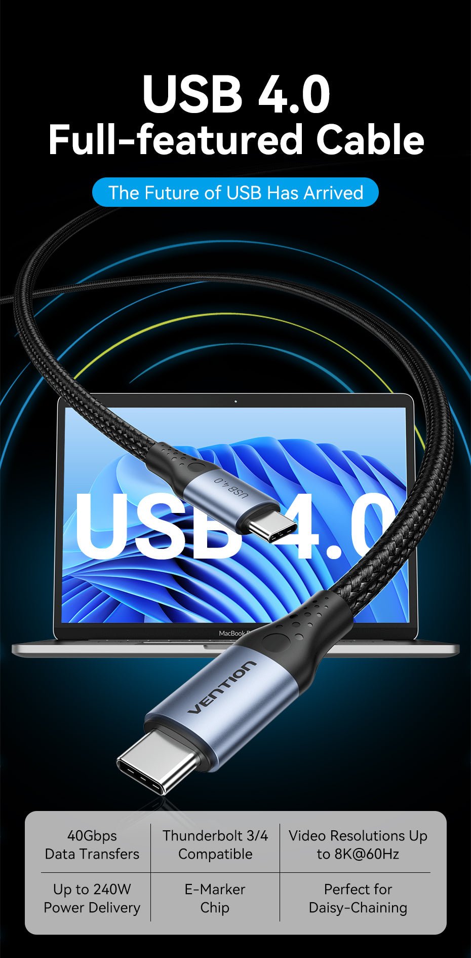 Buy VENTION TAVHF USB 4.0 Type-C 240W PD Fast Charging (1 Meter) Thunderbolt 4, 40Gbps Data Transfer, 8K@60Hz Screen Mirroring Online in Pakistan - UGREEN PK
