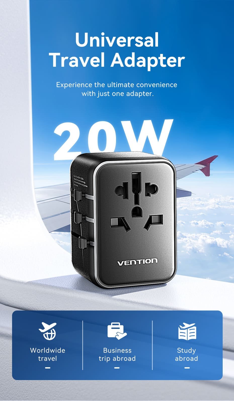 VENTION FJEB0 Universal Travel Adapter 3-Port USB - UTECH