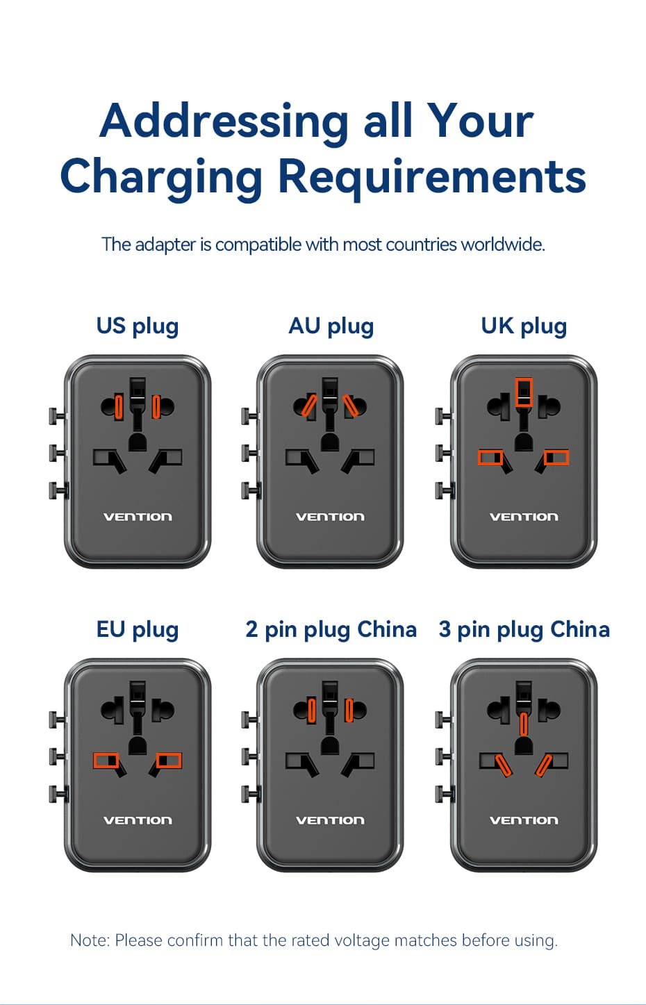 VENTION FJEB0 Universal Travel Adapter 3-Port USB - UTECH