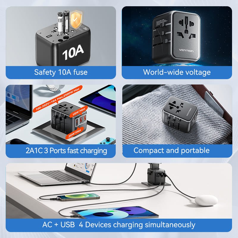 VENTION FJEB0 Universal Travel Adapter 3-Port USB - UTECH