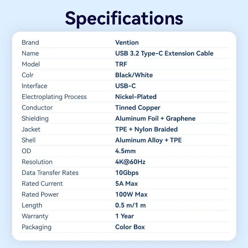 Buy VENTION TRFBD USB 3.2 Gen2 Type-C Extension Cable (0.5 Meter) 10Gbps, 5A, 4K@60Hz Online in Pakistan - UGREEN PK