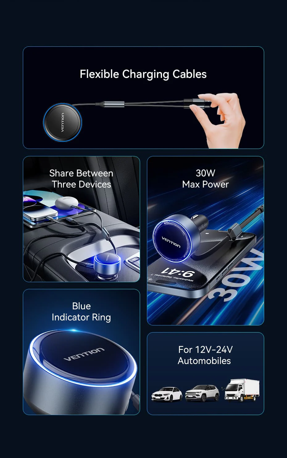 VENTION FFOB0 Car Charger Built-In USB-C Lightning - UTECH
