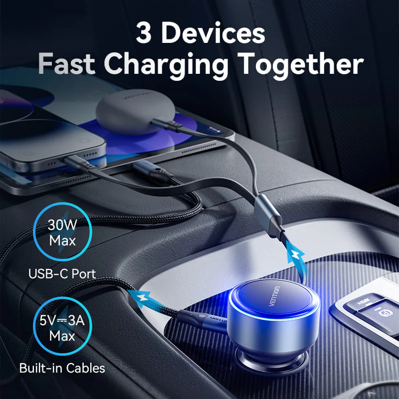 VENTION FFOB0 Car Charger Built-In USB-C Lightning - UTECH