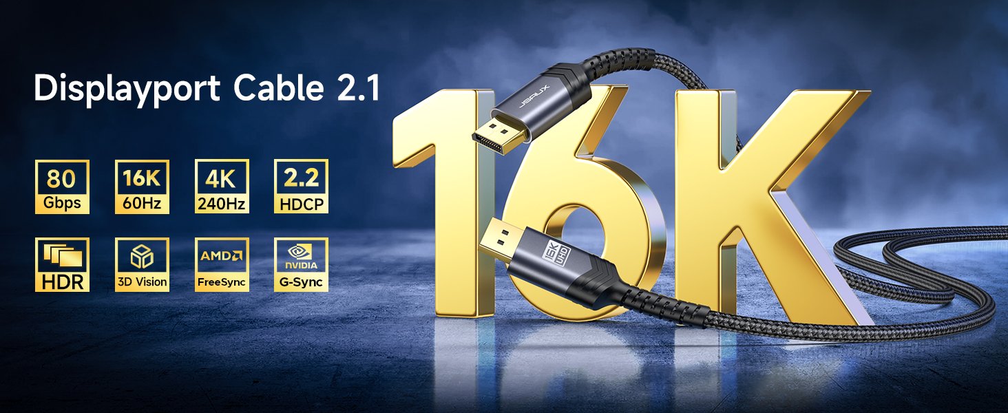 JSAUX DisplayPort 2.1 Cable Price in Pakistan JSAUX CV0068 DisplayPort 2.1 Cable 80Gbps 3 Meter - UTECH