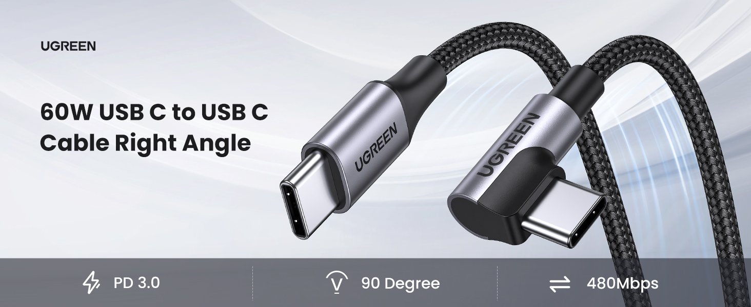 Buy UGREEN 80714 60W USB C to USB C Cable (3 Meter) 90 Degree Right Angle L-Shape for iPhone 17-15 Series Online in Pakistan - UGREEN PK