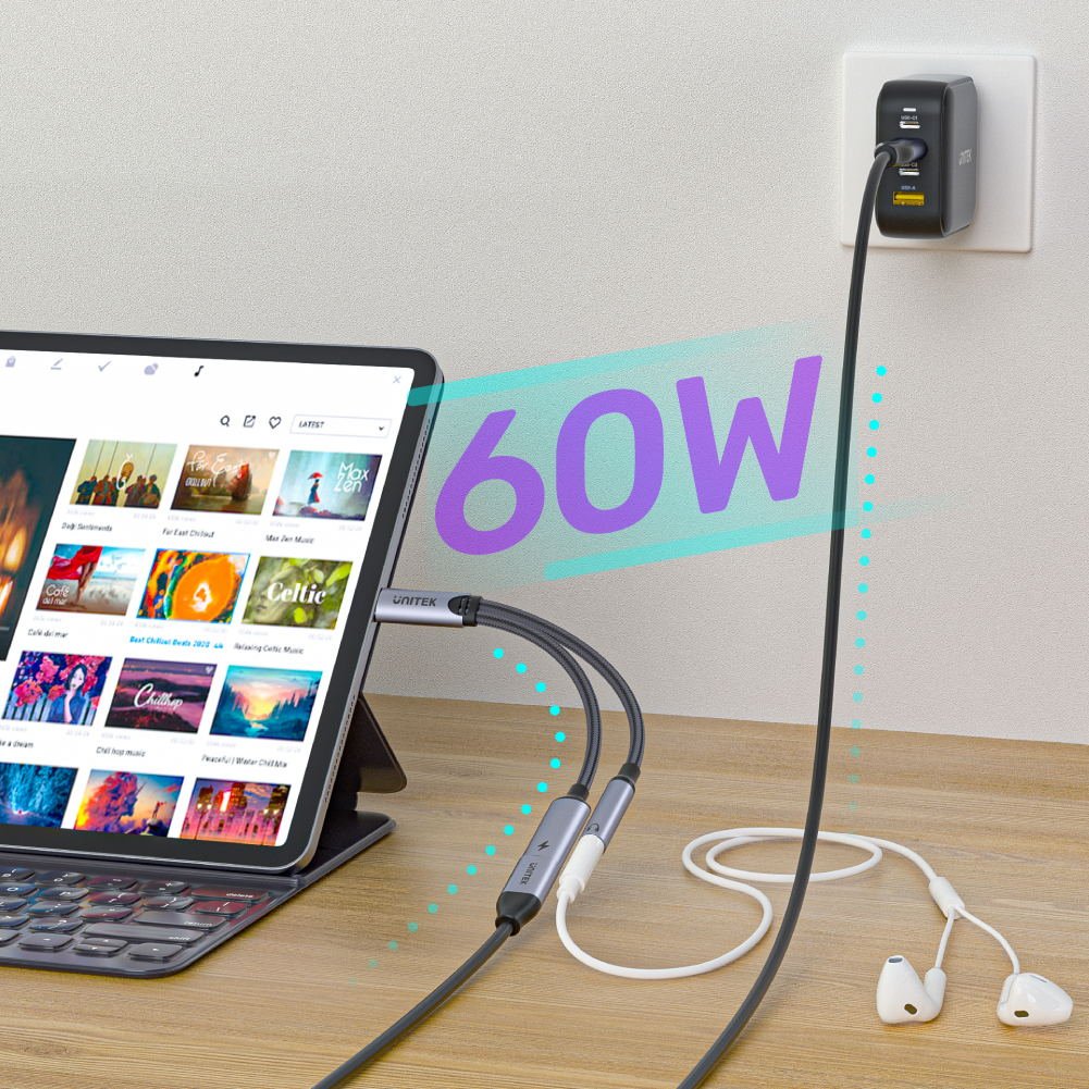 UNITEK M205A USB C to 3.5mm Aux Audio With PD Adapter