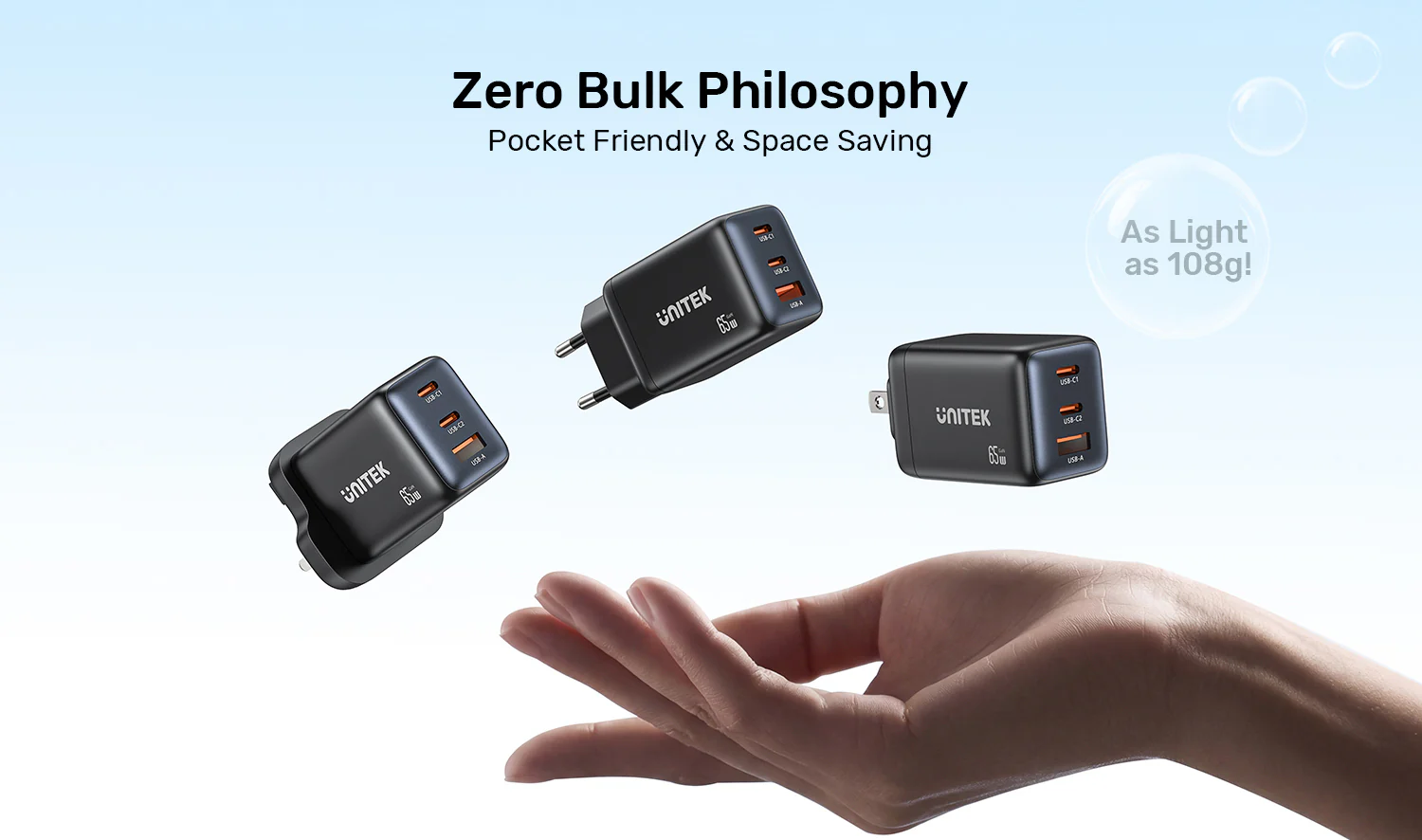 UNITEK P1130ABK01-EU Zeno 65W 3-Port GaN Charger - UTECH