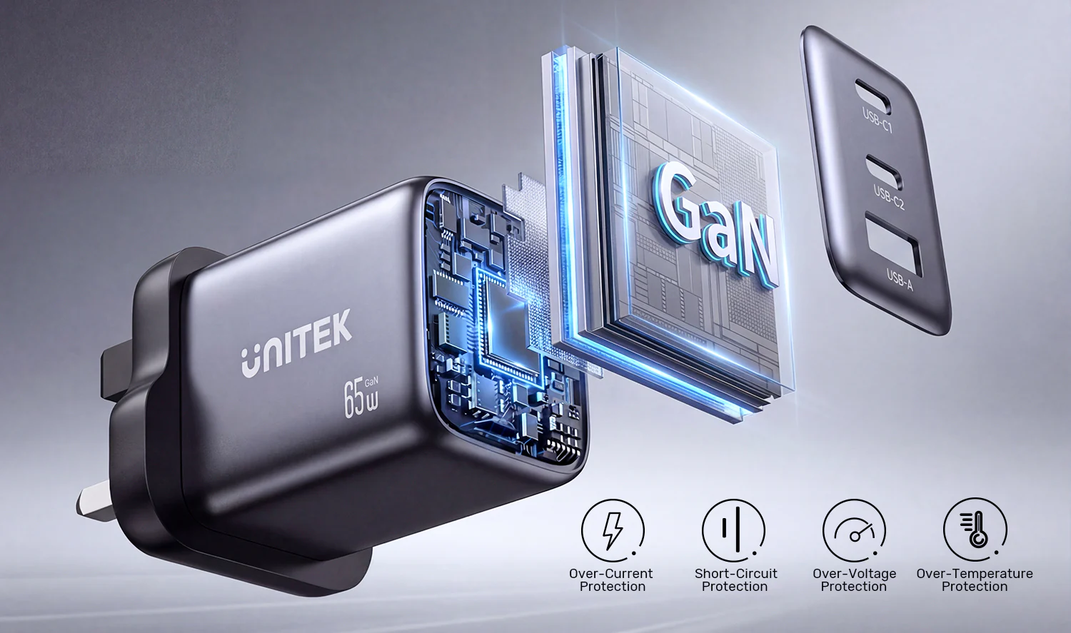 UNITEK P1130ABK01-EU Zeno 65W 3-Port GaN Charger - UTECH