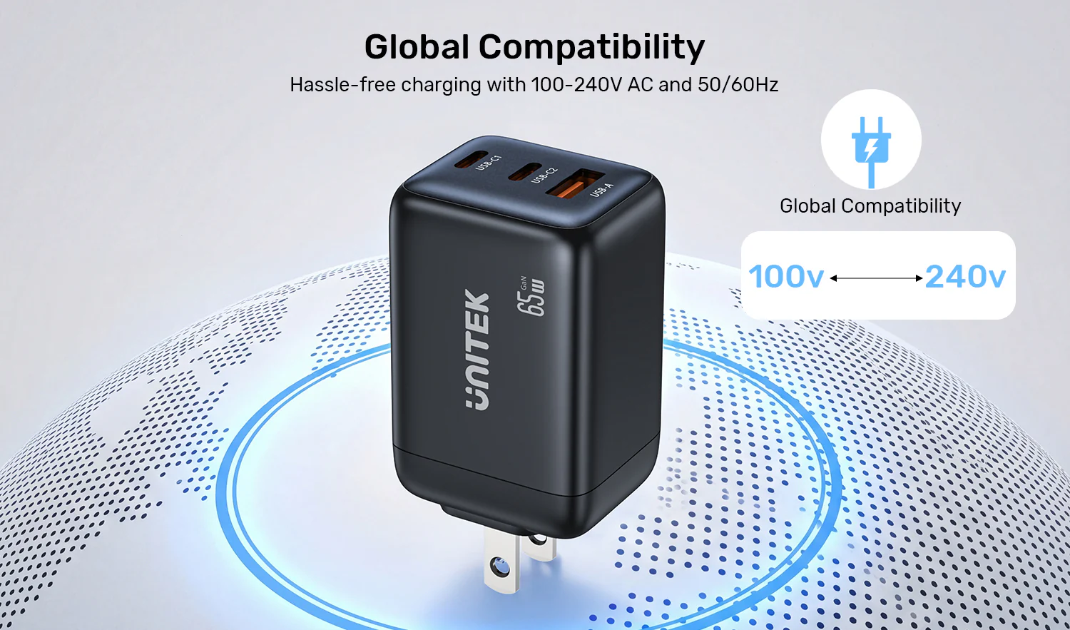 UNITEK P1130ABK01-EU Zeno 65W 3-Port GaN Charger - UTECH