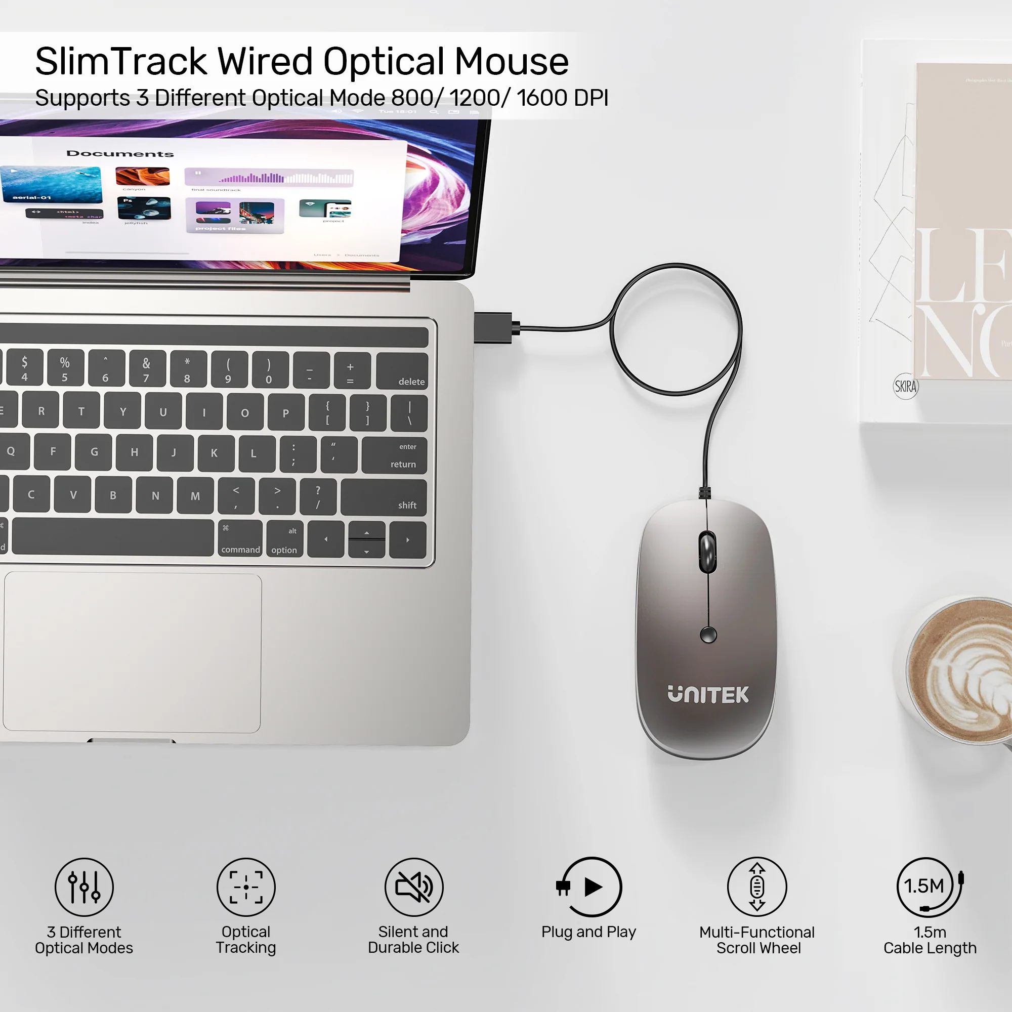 UNITEK T060BGY01 SlimTrack Wired Optical Mouse - UTECH