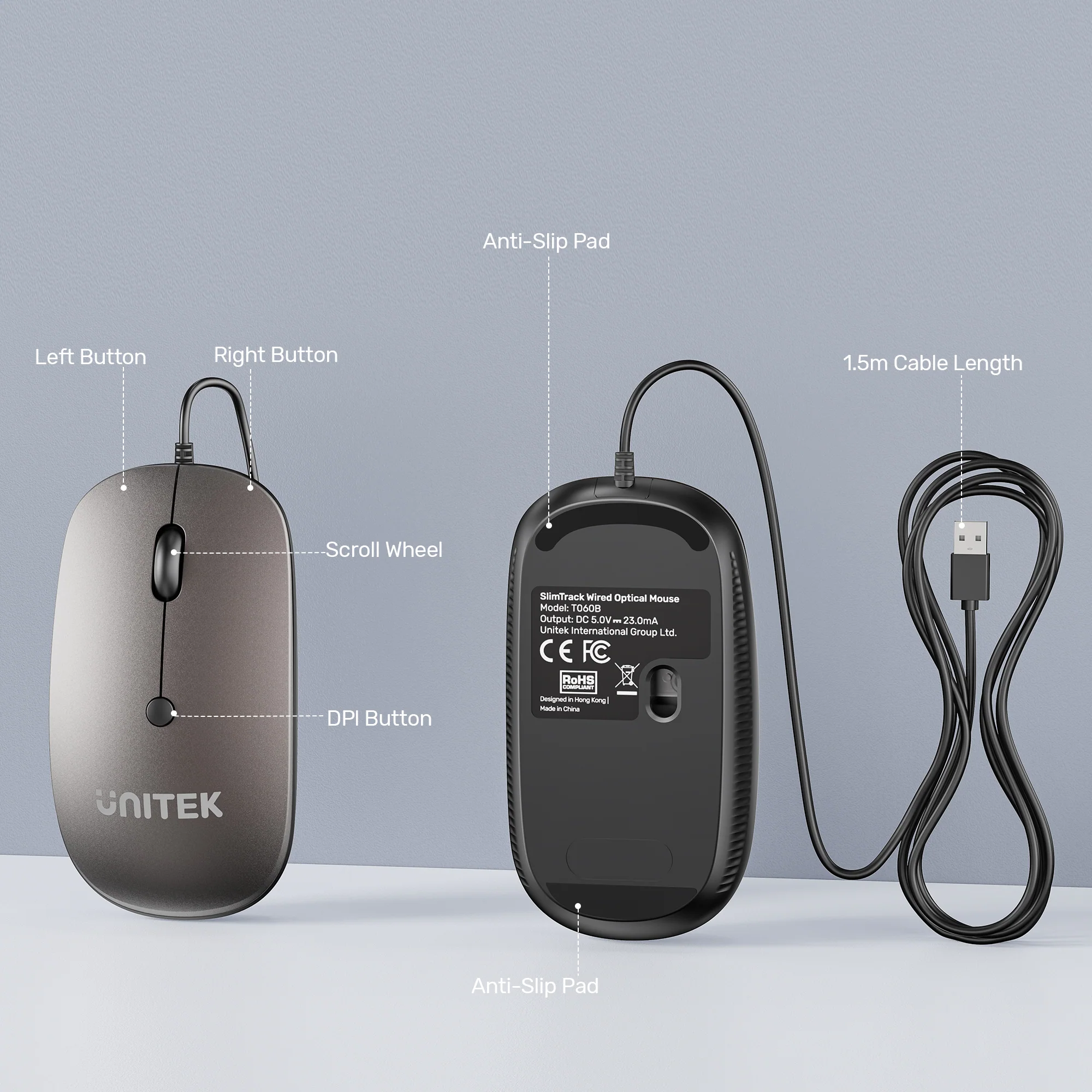 UNITEK T060BGY01 SlimTrack Wired Optical Mouse - UTECH